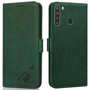 For Samsung Galaxy A21 US Version Embossed Cat Butterflies Pattern Horizontal Flip Leather Case with Card Slot & Holder & Wallet(Green)