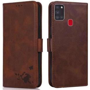 For Samsung Galaxy A21s Embossed Cat Butterflies Pattern Horizontal Flip Leather Case with Card Slot & Holder & Wallet(Brown)