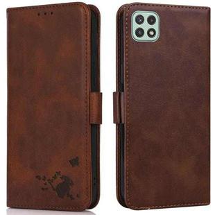 For Samsung Galaxy A22 5G Embossed Cat Butterflies Pattern Horizontal Flip Leather Case with Card Slot & Holder & Wallet(Brown)