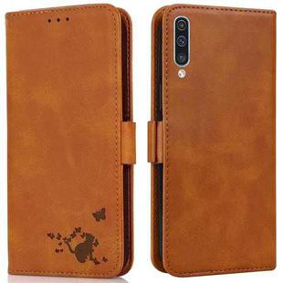 For Samsung Galaxy A30s EU Version Embossed Cat Butterflies Pattern Horizontal Flip Leather Case with Card Slot & Holder & Wallet(Orange)