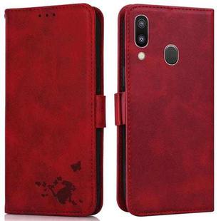 For Samsung Galaxy A40 Embossed Cat Butterflies Pattern Horizontal Flip Leather Case with Card Slot & Holder & Wallet(Red)