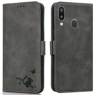 For Samsung Galaxy A40 Embossed Cat Butterflies Pattern Horizontal Flip Leather Case with Card Slot & Holder & Wallet(Grey)