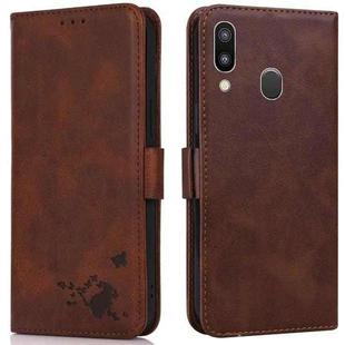 For Samsung Galaxy A40 Embossed Cat Butterflies Pattern Horizontal Flip Leather Case with Card Slot & Holder & Wallet(Brown)
