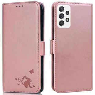 For Samsung Galaxy A52 5G Embossed Cat Butterflies Pattern Horizontal Flip Leather Case with Card Slot & Holder & Wallet(Pink)