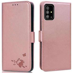 For Samsung Galaxy A71 4G Embossed Cat Butterflies Pattern Horizontal Flip Leather Case with Card Slot & Holder & Wallet(Pink)