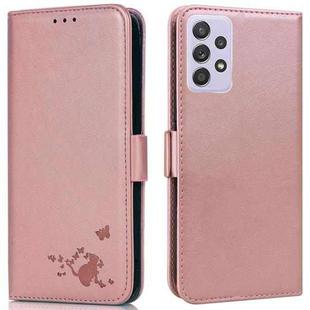 For Samsung Galaxy A72 5G Embossed Cat Butterflies Pattern Horizontal Flip Leather Case with Card Slot & Holder & Wallet(Pink)