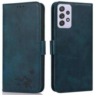 For Samsung Galaxy A72 5G Embossed Cat Butterflies Pattern Horizontal Flip Leather Case with Card Slot & Holder & Wallet(Blue)