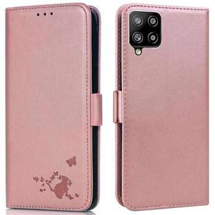 For Samsung Galaxy A42 5G Embossed Cat Butterflies Pattern Horizontal Flip Leather Case with Card Slot & Holder & Wallet(Pink)