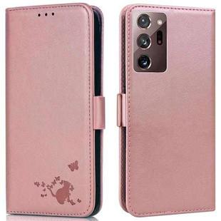 For Samsung Galaxy Note20 Ultra 5G/4G Embossed Cat Butterflies Pattern Horizontal Flip Leather Case with Card Slot & Holder & Wallet(Pink)