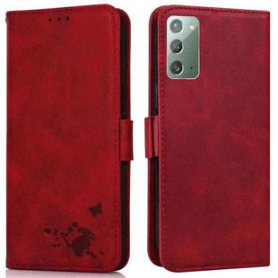For Samsung Galaxy Note20 5G / 4G Embossed Cat Butterflies Pattern Horizontal Flip Leather Case with Card Slot & Holder & Wallet(Red)