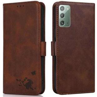 For Samsung Galaxy Note20 5G / 4G Embossed Cat Butterflies Pattern Horizontal Flip Leather Case with Card Slot & Holder & Wallet(Brown)