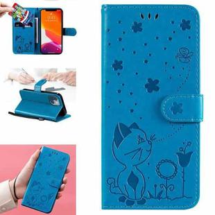 For iPhone 13 mini Cat Bee Embossing Pattern Shockproof Horizontal Flip Leather Case with Holder & Card Slots & Wallet (Blue)
