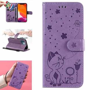 For iPhone 13 mini Cat Bee Embossing Pattern Shockproof Horizontal Flip Leather Case with Holder & Card Slots & Wallet (Purple)