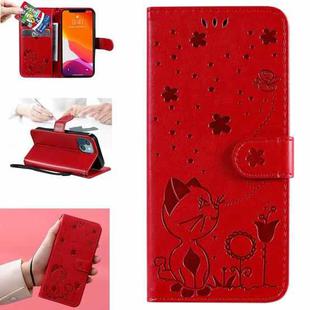 For iPhone 13 mini Cat Bee Embossing Pattern Shockproof Horizontal Flip Leather Case with Holder & Card Slots & Wallet (Red)