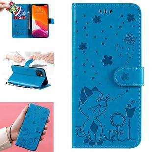 For iPhone 13 Cat Bee Embossing Pattern Shockproof Horizontal Flip Leather Case with Holder & Card Slots & Wallet(Blue)