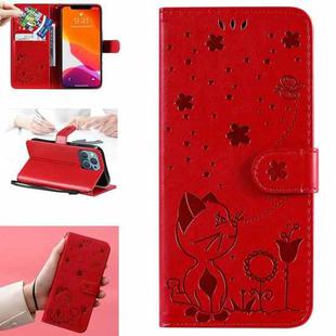For iPhone 13 Pro Cat Bee Embossing Pattern Shockproof Horizontal Flip Leather Case with Holder & Card Slots & Wallet (Red)
