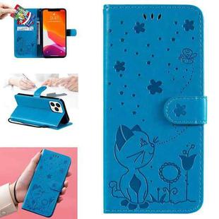 For iPhone 13 Pro Max Cat Bee Embossing Pattern Shockproof Horizontal Flip Leather Case with Holder & Card Slots & Wallet (Blue)