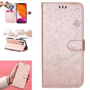 For iPhone 13 Pro Max Cat Bee Embossing Pattern Shockproof Horizontal Flip Leather Case with Holder & Card Slots & Wallet (Rose Gold)