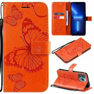 For iPhone 13 Pro 3D Butterfly Embossed Pattern Horizontal Flip Leather Case with Holder & Card Slot & Wallet & Lanyard (Orange)