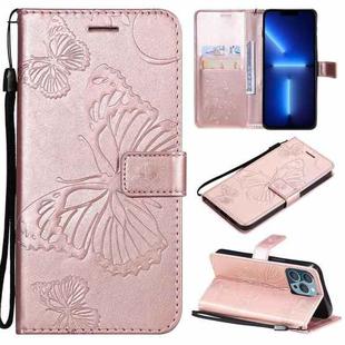 For iPhone 13 Pro Max 3D Butterfly Embossed Pattern Horizontal Flip Leather Case with Holder & Card Slot & Wallet & Lanyard (Rose Gold)
