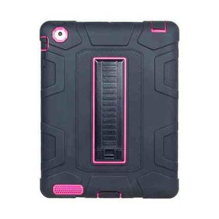 C5 Four Corners Shockproof Silicone + PC Protective Case with Holder For iPad 4 / 3 / 2(Black + Rose Red)