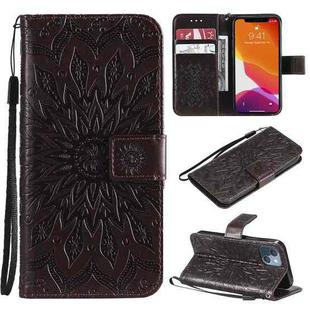 For iPhone 13 mini Pressed Printing Sunflower Pattern Horizontal Flip PU Leather Case Holder & Card Slots & Wallet & Lanyard (Brown)