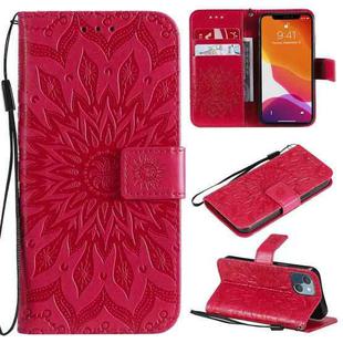 For iPhone 13 mini Pressed Printing Sunflower Pattern Horizontal Flip PU Leather Case Holder & Card Slots & Wallet & Lanyard (Red)