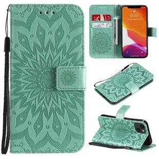 For iPhone 13 Pressed Printing Sunflower Pattern Horizontal Flip PU Leather Case Holder & Card Slots & Wallet & Lanyard(Green)
