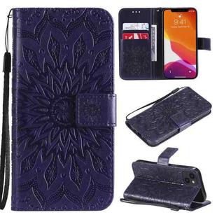 For iPhone 13 Pressed Printing Sunflower Pattern Horizontal Flip PU Leather Case Holder & Card Slots & Wallet & Lanyard(Purple)