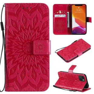For iPhone 13 Pressed Printing Sunflower Pattern Horizontal Flip PU Leather Case Holder & Card Slots & Wallet & Lanyard(Red)