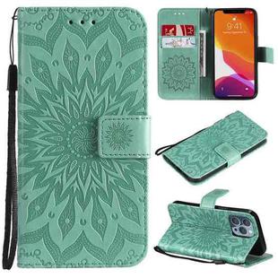 For iPhone 13 Pro Pressed Printing Sunflower Pattern Horizontal Flip PU Leather Case Holder & Card Slots & Wallet & Lanyard (Green)