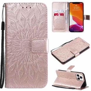 For iPhone 13 Pro Max Pressed Printing Sunflower Pattern Horizontal Flip PU Leather Case Holder & Card Slots & Wallet & Lanyard (Rose Gold)