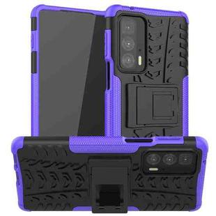 For Motorola Edge 20 Pro Tire Texture Shockproof TPU+PC Protective Case with Holder(Purple)