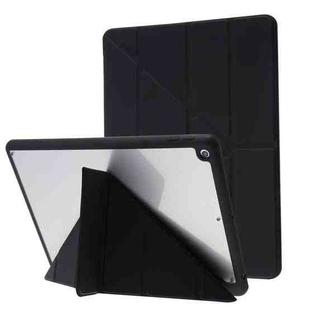 For iPad 10.2 2021 / 2020 / 2019 Deformation Transparent Acrylic Horizontal Flip PU Leather Case with Multi-folding Holder & Sleep / Wake-up Function & Pen Slot(Black)