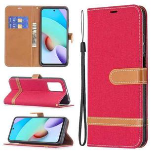 For Xiaomi Redmi 10 Color Matching Denim Texture Leather Case with Holder & Card Slots & Wallet & Lanyard(Red)