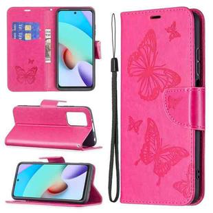 For Xiaomi Redmi 10 Two Butterflies Embossing Pattern Horizontal Flip Leather Case with Holder & Card Slot & Wallet & Lanyard(Rose Red)