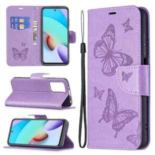 For Xiaomi Redmi 10 Two Butterflies Embossing Pattern Horizontal Flip Leather Case with Holder & Card Slot & Wallet & Lanyard(Purple)