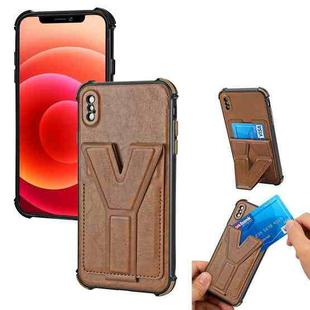 Y Style Multifunction Card Stand Back Cover PU + TPU + PC Magnetic Shockproof Case For iPhone X / XS(Brown)