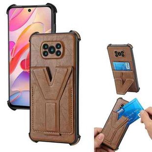 For Xiaomi Poco X3 NFC Y Style Multifunction Card Stand Back Cover PU + TPU + PC Magnetic Shockproof Case(Brown)