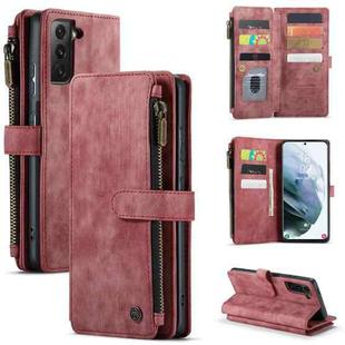 For Samsung Galaxy S21 FE CaseMe-C30 PU + TPU Multifunctional Horizontal Flip Leather Case with Holder & Card Slot & Wallet & Zipper Pocket(Red)