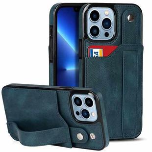 For iPhone 13 Pro Crazy Horse Texture Shockproof TPU + PU Leather Case with Card Slot & Wrist Strap Holder (Sapphire Blue)