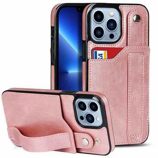For iPhone 13 Pro Max Crazy Horse Texture Shockproof TPU + PU Leather Case with Card Slot & Wrist Strap Holder (Rose Gold)