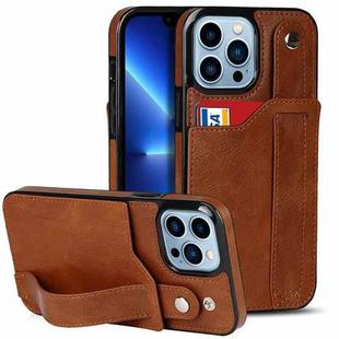For iPhone 13 Pro Max Crazy Horse Texture Shockproof TPU + PU Leather Case with Card Slot & Wrist Strap Holder (Brown)