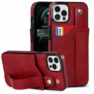 For iPhone 12 / 12 Pro Crazy Horse Texture Shockproof TPU + PU Leather Case with Card Slot & Wrist Strap Holder(Red)