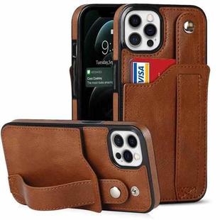 For iPhone 12 Pro Max Crazy Horse Texture Shockproof TPU + PU Leather Case with Card Slot & Wrist Strap Holder(Brown)