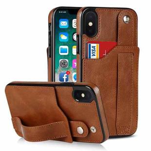 For iPhone X / XS Crazy Horse Texture Shockproof TPU + PU Leather Case with Card Slot & Wrist Strap Holder(Brown)