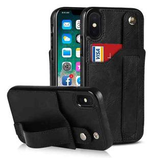 For iPhone XS Max Crazy Horse Texture Shockproof TPU + PU Leather Case with Card Slot & Wrist Strap Holder(Black)