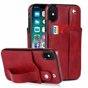 For iPhone XS Max Crazy Horse Texture Shockproof TPU + PU Leather Case with Card Slot & Wrist Strap Holder(Red)