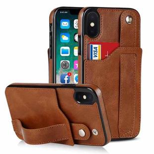 For iPhone XS Max Crazy Horse Texture Shockproof TPU + PU Leather Case with Card Slot & Wrist Strap Holder(Brown)
