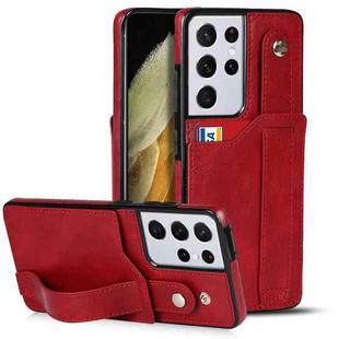 For Samsung Galaxy S21 Ultra 5G Crazy Horse Texture Shockproof TPU + PU Leather Case with Card Slot & Wrist Strap Holder(Red)